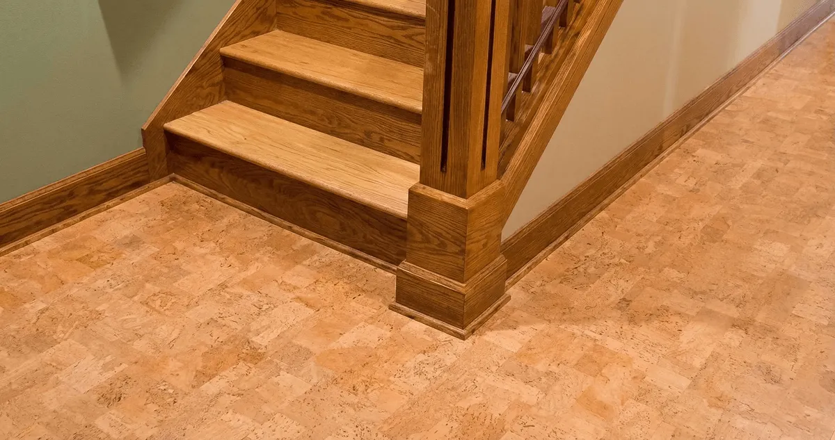End of a staircase with cork flooring in Myrtle Beach, SC