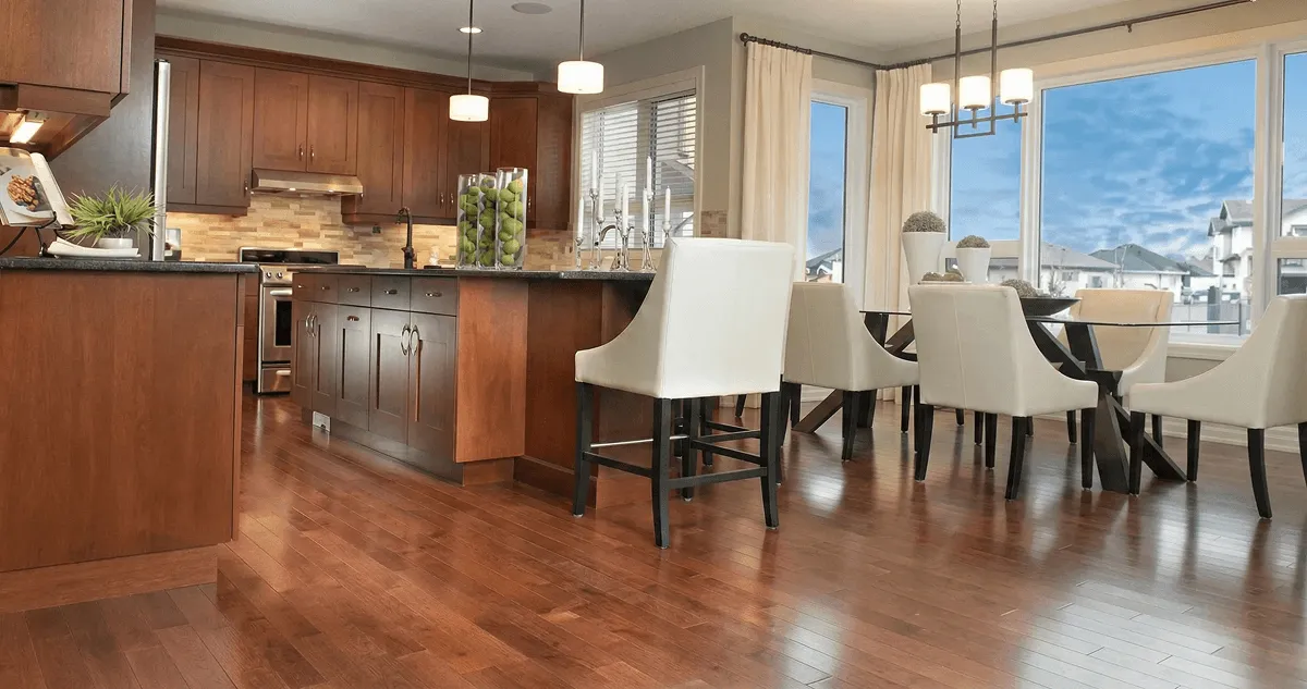 A modern kitchen with professionally installed wood flooring in Myrtle Beach, SC